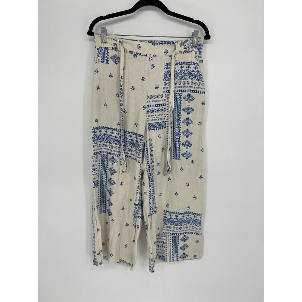 JOIE Pants Women 8 Blue Patchwork Wide Leg Cropped Linen Blend Lagen